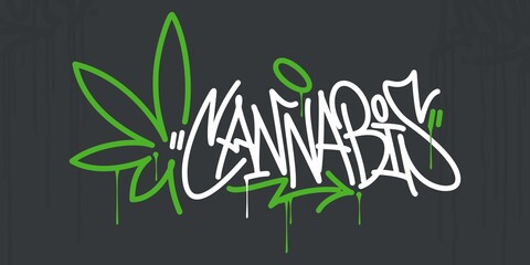 Graffiti Style Hand Written Word Cannabis With Cannabis Leaf Vector Illustration Art