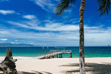 Summer vacation concept of travel at sea. Hot summer day with blue sky and white clouds