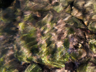 Abstract intimate landscape with underwater stone in river bed