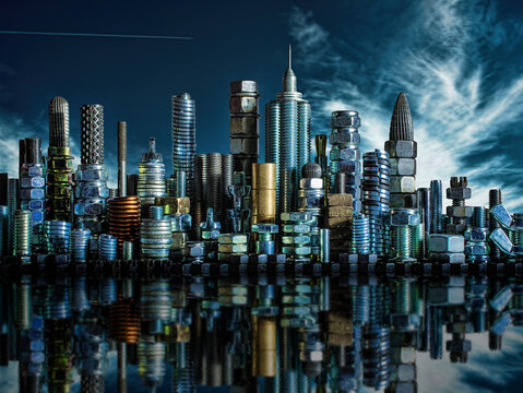 City skyline builded from screw and nuts 