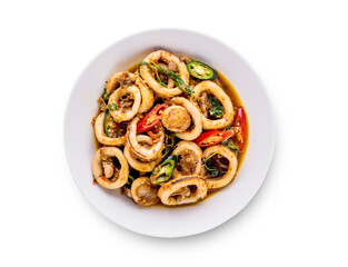 Spicy fried squid with basil leaves