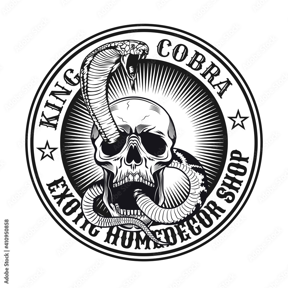 Poster monochrome aggressive king cobra in attack emblem. vintage design elements with snake attacking from