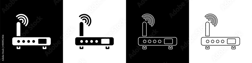 Poster set router and wi-fi signal icon isolated on black and white background. wireless ethernet modem rou
