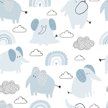 Vector hand-drawn colored childish seamless repeating simple flat pattern with cute elephants, rainbows and clouds in Scandinavian style on a white background. Cute baby animals. Pattern for kids.