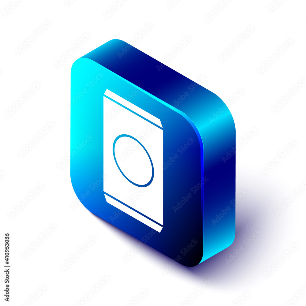 Poster isometric soda can with drinking straw icon isolated on white background. blue square button. vector