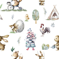 Seamless pattern, Easter eggs, chicks and bunnies. Cute watercolor farm animals. Kid cartoon clipart