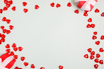 Valentine's Day, composition of hearts on a blue background. View from above