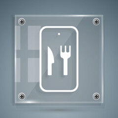 White Online ordering and fast food delivery icon isolated on grey background. Burger sign. Square glass panels. Vector.