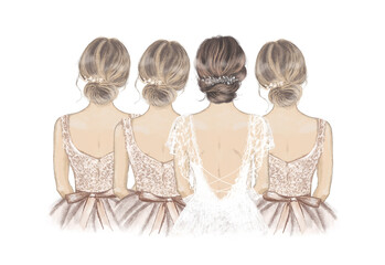 Bride with Bridesmaids in a line. Hand drawn illustration