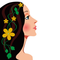 Woman Brunette Face in Profile. Beautiful hair with vibrant colors. Makeup on the face. Sorceress or forest fairy. Image for business cards, banners, posters. 