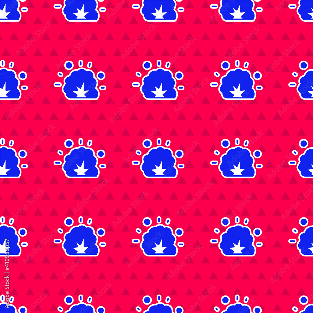 Poster blue bomb explosion with shrapnel and fireball icon isolated seamless pattern on red background. vec