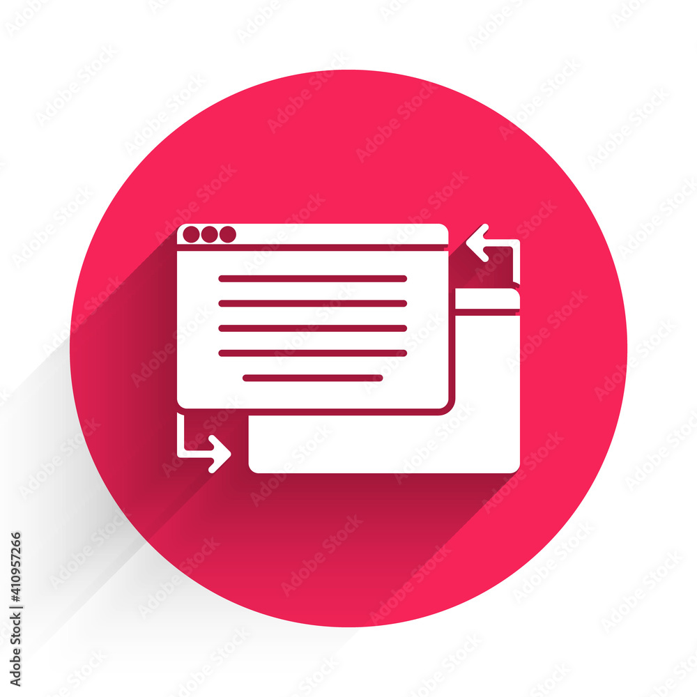 Poster white ui or ux design icon isolated with long shadow. red circle button. vector.