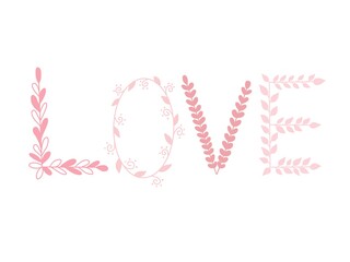 The word love decorated with leaves.