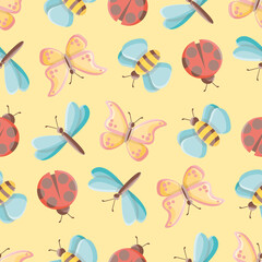 Cute bugs vector repeat pattern. Simple insects illustration background.