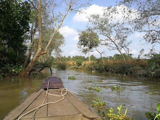 Green and lush backwaters of the river Mekong with a dettail of a wooden row boat