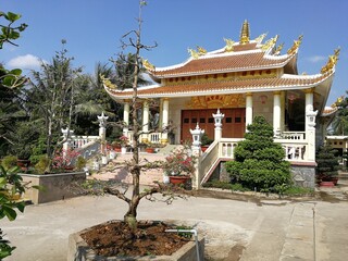 Colourful temple in Vietnam on the river Mekong