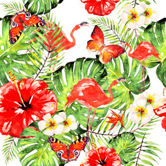 Hawaiian flowers, butterflies, watercolor, exotic plants, isolated on a white