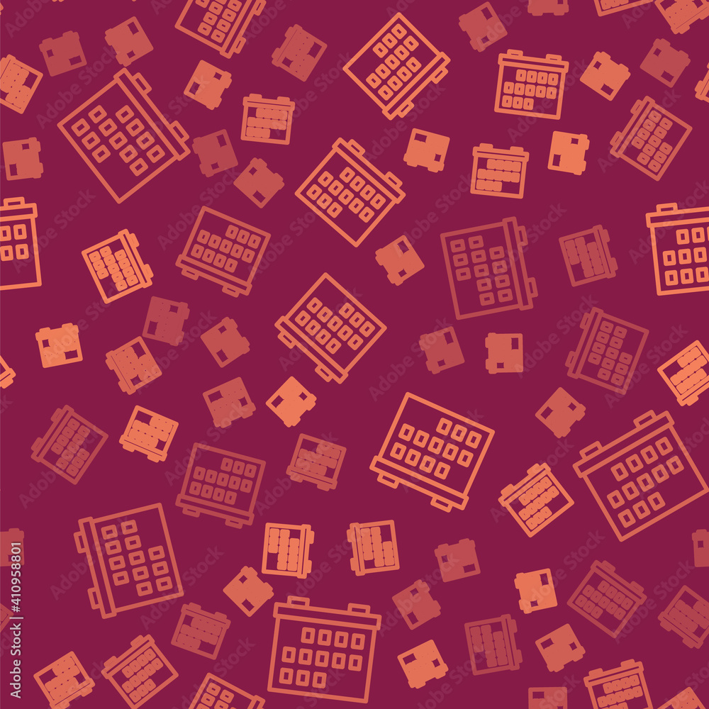 Poster brown line calendar icon isolated seamless pattern on red background. event reminder symbol. vector 