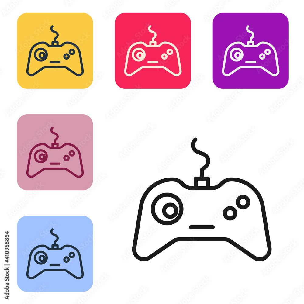 Poster black line gamepad icon isolated on white background. game controller. set icons in color square but