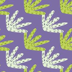 Bright abstract seamless pattern with grey and green colored foliage ornament. Purple background.