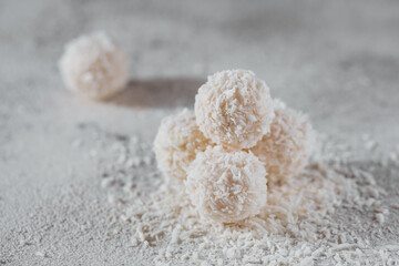 Coconut healthy sugarfree balls in coco flakes on white background