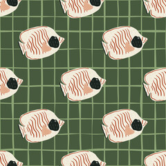 Creative seamless underwater pattern with doodle butterfly fish print. Green olive background with check.