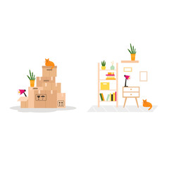 Vector illustration with paper moving boxes and unpacked things in a new place. Illustration of moving day isolated on white background.