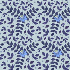 Seamless watercolor botanical pattern on blue background