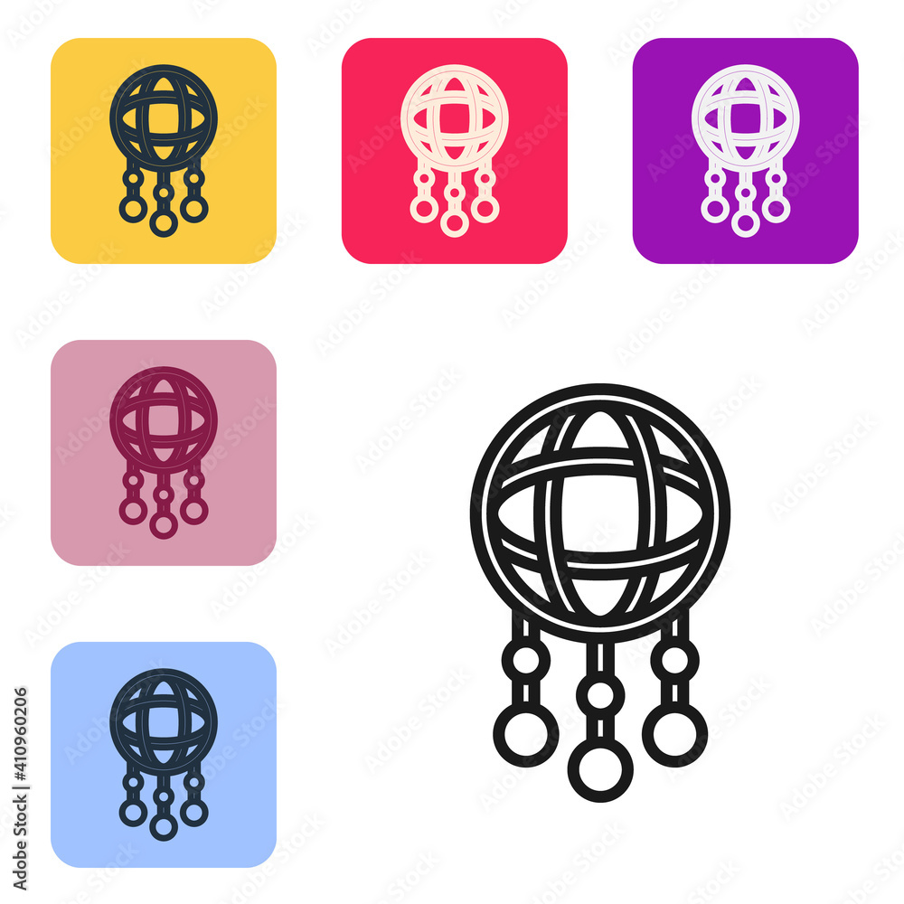 Poster black line dream catcher with feathers icon isolated on white background. set icons in color square 