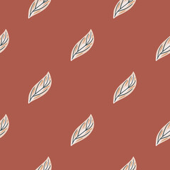 Fototapeta premium Seamless pale pattern with grey outline leaves ornament. Coral background. Hand drawn blossom backdrop.