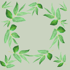 Frame made of green watercolor leaves