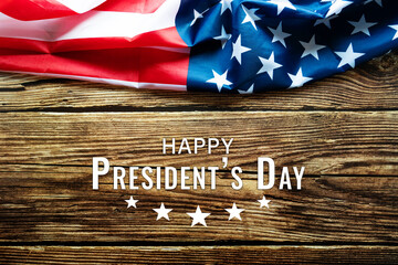 Fototapeta na wymiar Presidents' Day Typography wooden Background with American Flag
