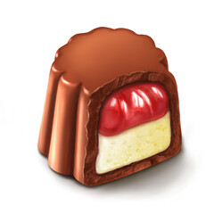 Chocolate dessert isolated on white background, cake  with cream and red berry filling. Delicious cupcake for birthday greeting card, restaurant menu, bakery logo, chocolate maker, cakes manufacturer