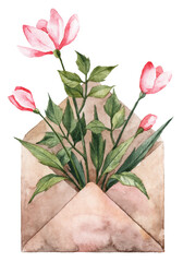 Watercolor hand painted illustration of envelope with plants growing on it