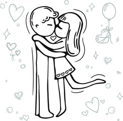Boy and girl kiss, drawn in cartoon style. Postcard for Valentine's Day. Wedding Day card. Black and white sketch.