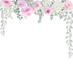 Watercolor of light pink roses with white flowers and green leaves curtain illustration background