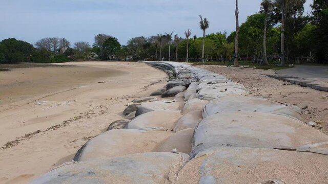Sand bag coastal erosion protection along Nusa Dua beach in Bali, Indonesia