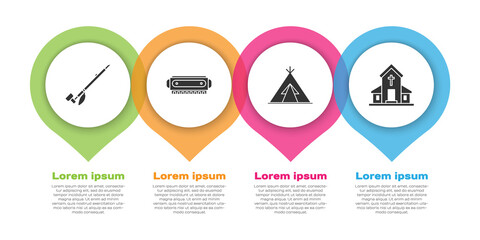Set Native American indian smoking pipe, Harmonica, Indian teepee or wigwam and Church building. Business infographic template. Vector. © Vadim