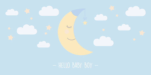 hello baby boy greeting card with cute moon vector illustration EPS10 © krissikunterbunt