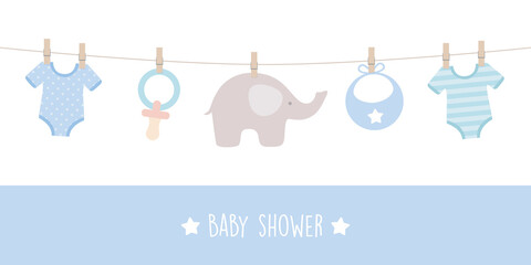 baby shower welcome greeting card for childbirth with hanging utensils vector illustration EPS10