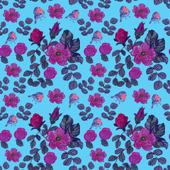 Seamless ornament of flowers of wild rose with leaves and birds