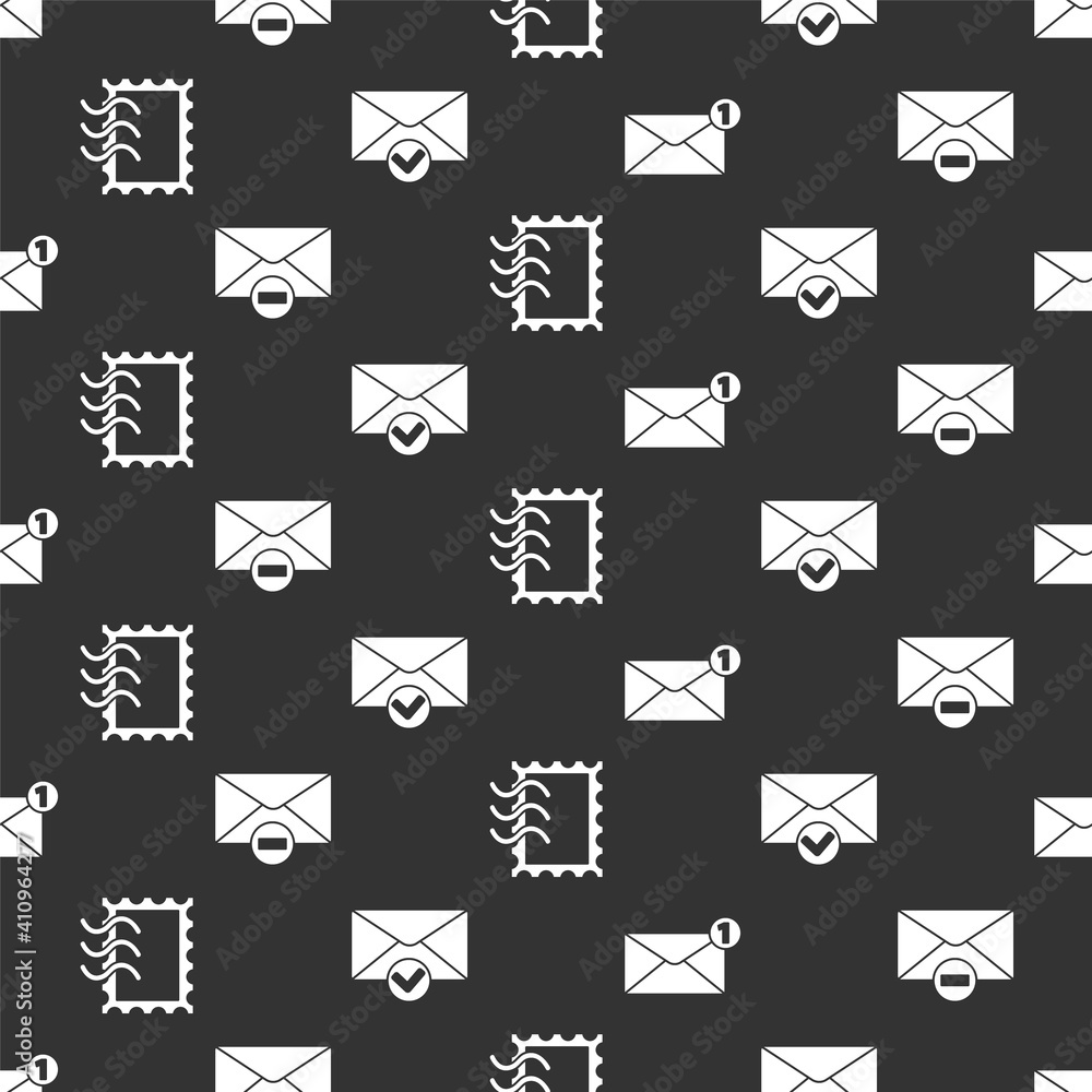 Aufkleber set envelope, delete envelope, postal stamp and envelope and check mark on seamless pattern. vector.