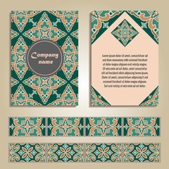 Vector set of brochure templates A4 format for business and invitation. Ethnic asian ornaments. Ornamental design in oriental style - 410964499