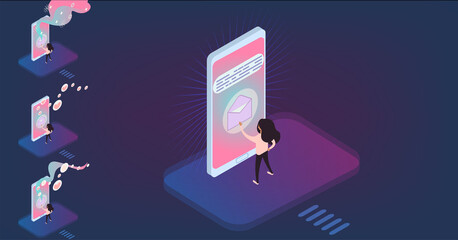 Woman opens new email message on touchscreen smartphone. Isometric illustration set with different versions.