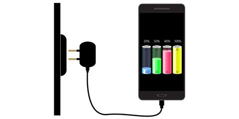 Charging your phone battery. Charging the phone. Vector illustration.