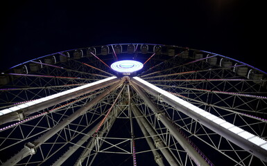 Partial night view from the bottom of the Grande Roue of the Vieux Port of Marseille, France
