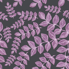 Leaves seamless pattern with branches on a dark background 