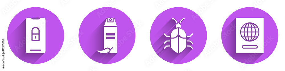 Poster set mobile with closed padlock, pepper spray, system bug concept and passport icon with long shadow.