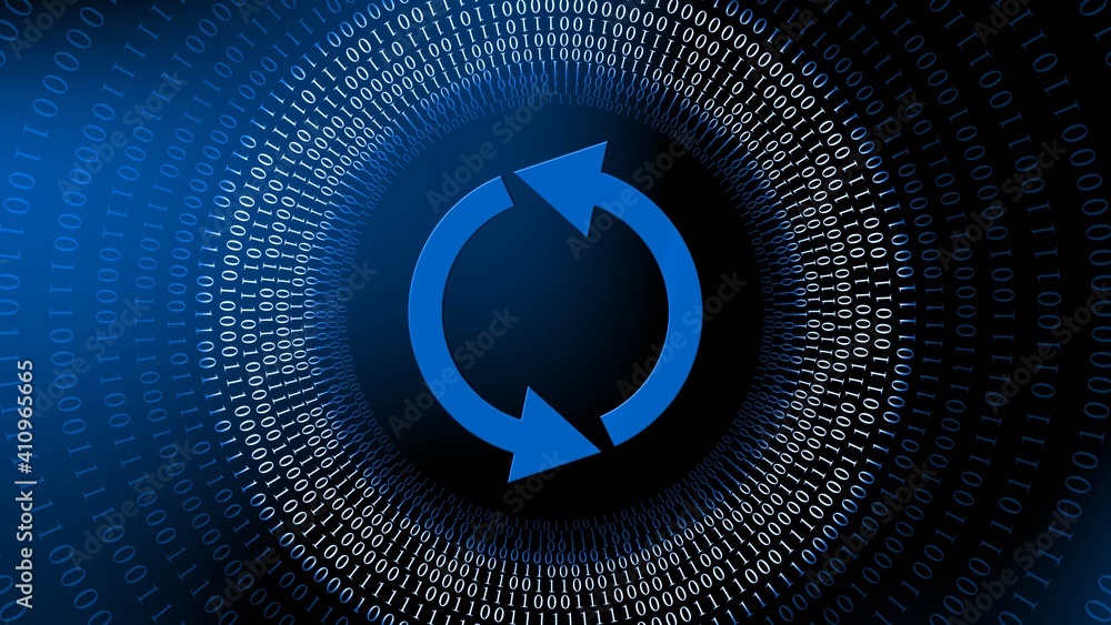 Poster update sign - abstract background of blue binary code in rings arranged in tube shape - software upd