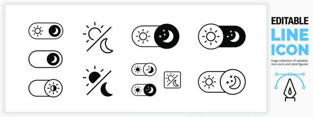 Editable line icon set of dark mode settings buttons